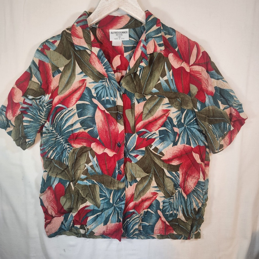 Alfred Dunner Petite Vintage Tropical Floral Button Up Shirt Red Teal Size 12P